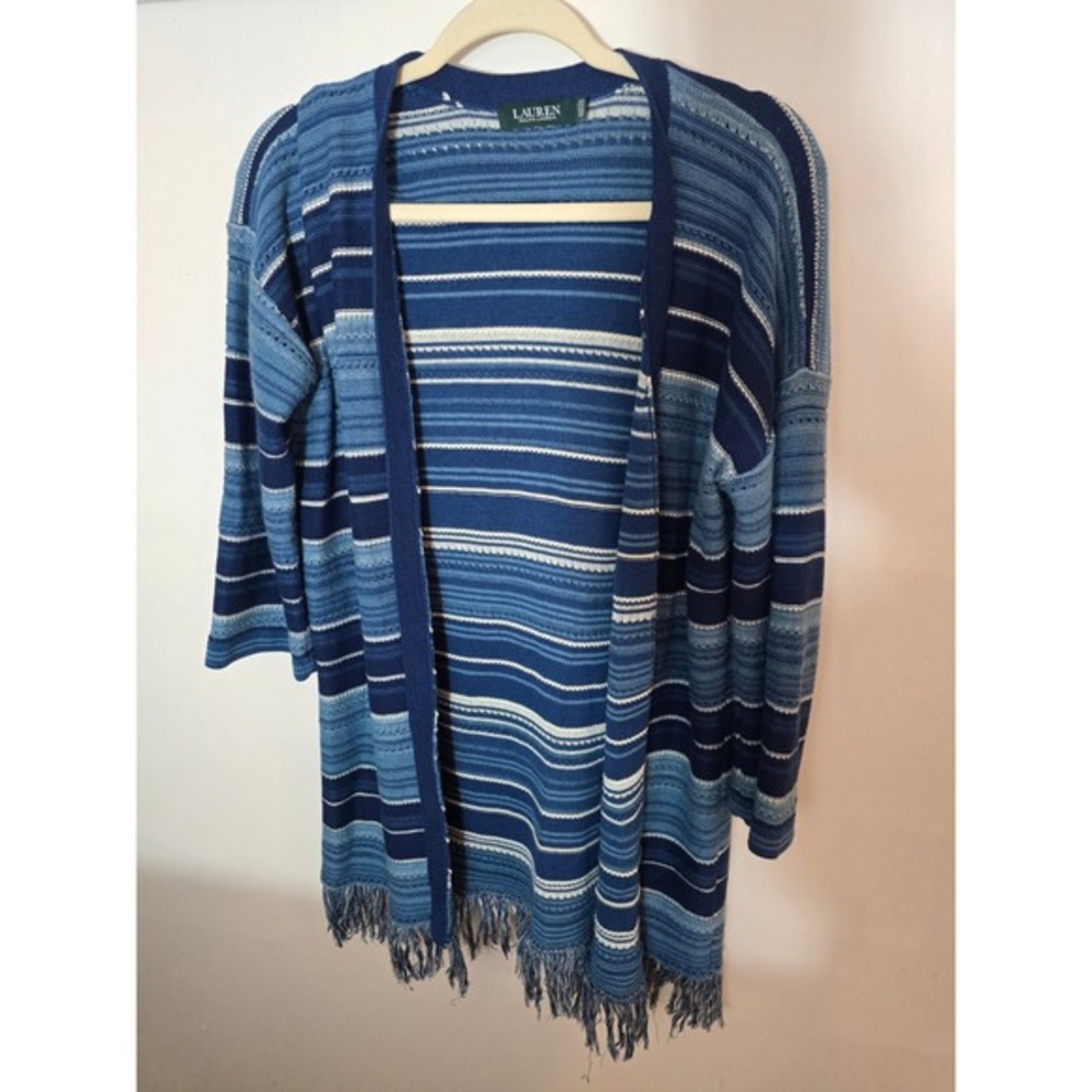 Lauren Ralph Lauren Striped Knit Cardigan Fringe‎ Blue White Women Size S